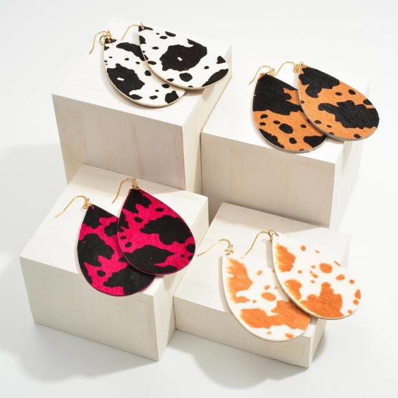 Black & White Cow Print Teardrop Dangle Earrings - Picture 3 of 3